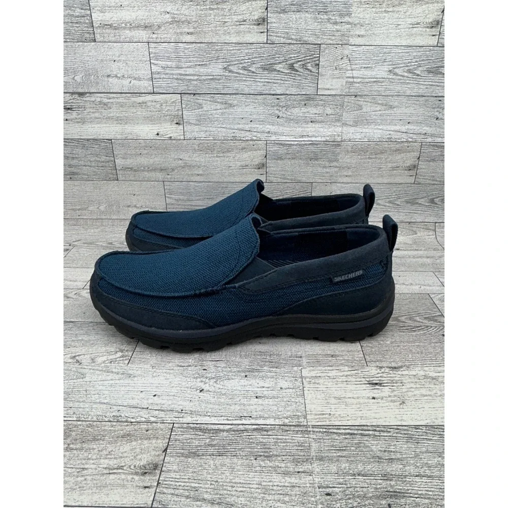Skechers Relaxed Fit Men Sz 9.5 Navy Blue Leather Textile Slip On Loafers 64365‎